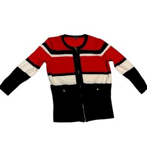 Cable &‎ Gauge Cardigan Sweater L/G Red Black White Gold Zip Front Pockets